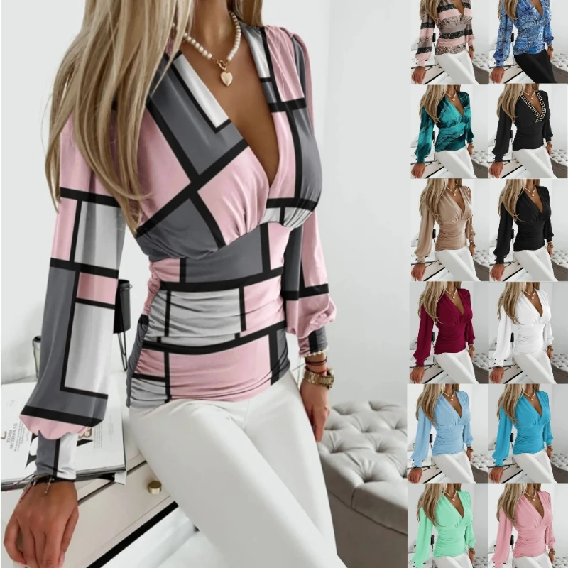 

Fashion Printed Blouse Shirts V-neck Sexy Womens Tops Elegant Blouses Casual Blusas Mujer Roupas Streetwear Woman Clothes New