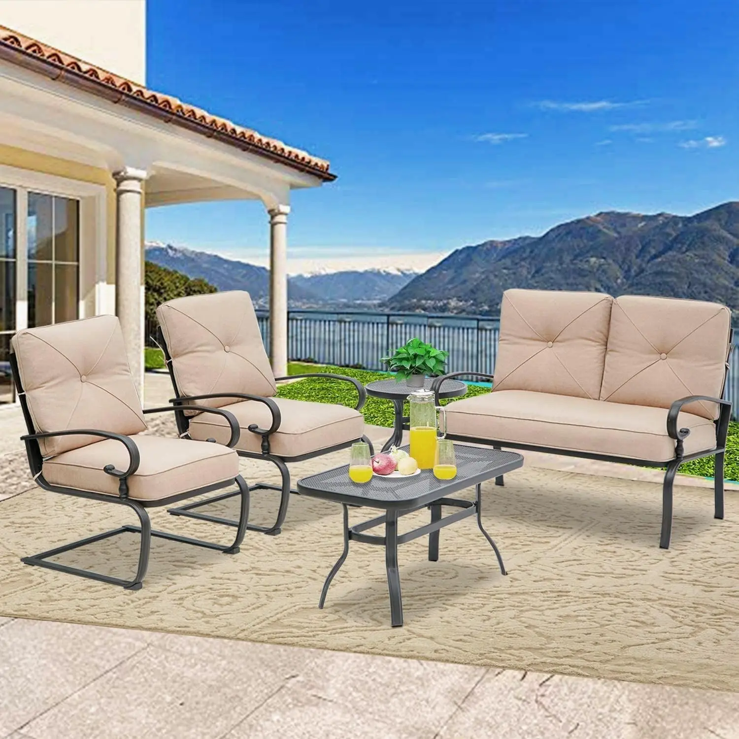 Metal Outdoor Mobiliário Pátio Conjunto com Almofada, Loveseat Coffee Table e Bistro Table, 2 Spring Chair