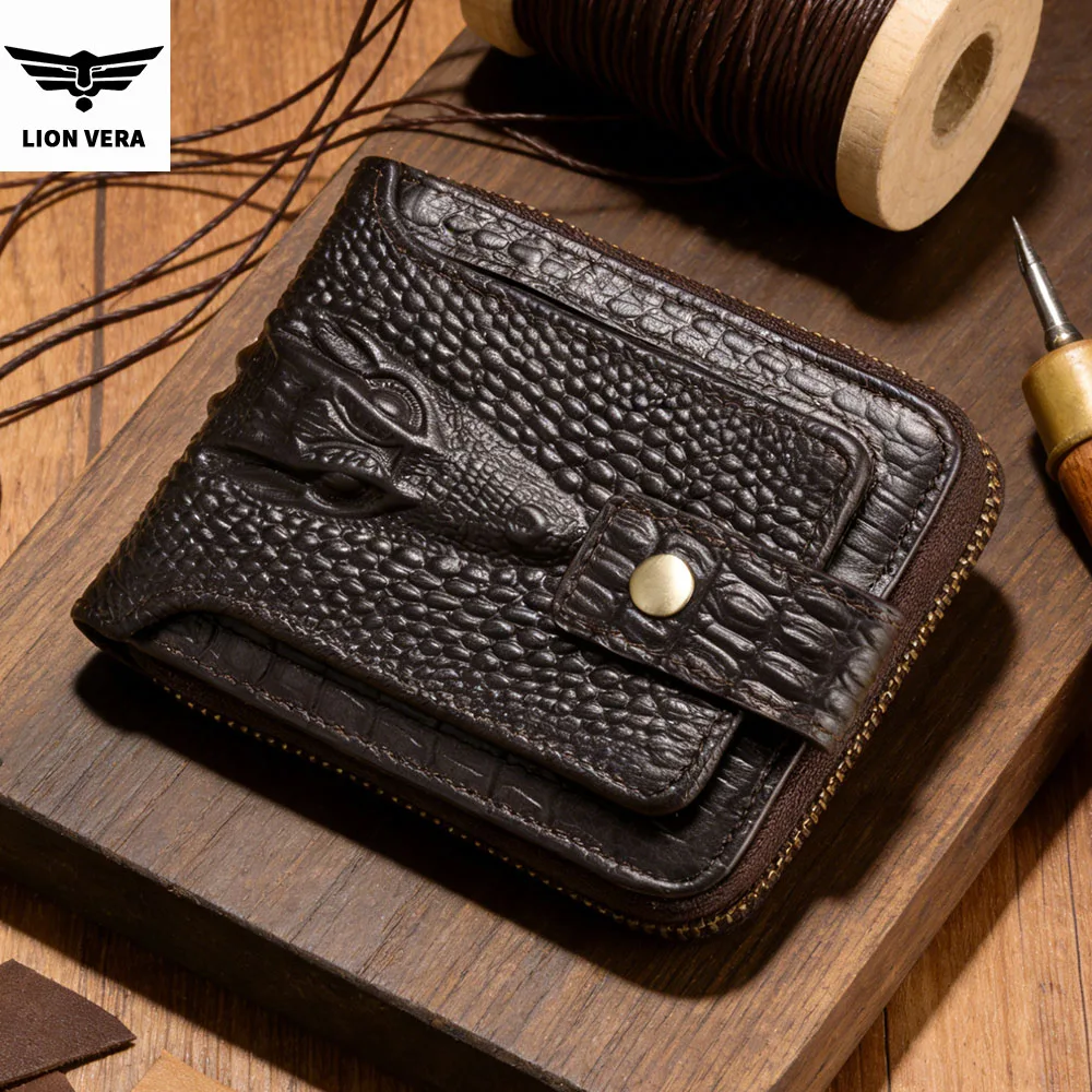 LION VERA Men's Genuine Leather Wallet Retro Multi-Card Slot Large Capacity Fashion Business Anti-Degaussing Anti-Theft Wallet