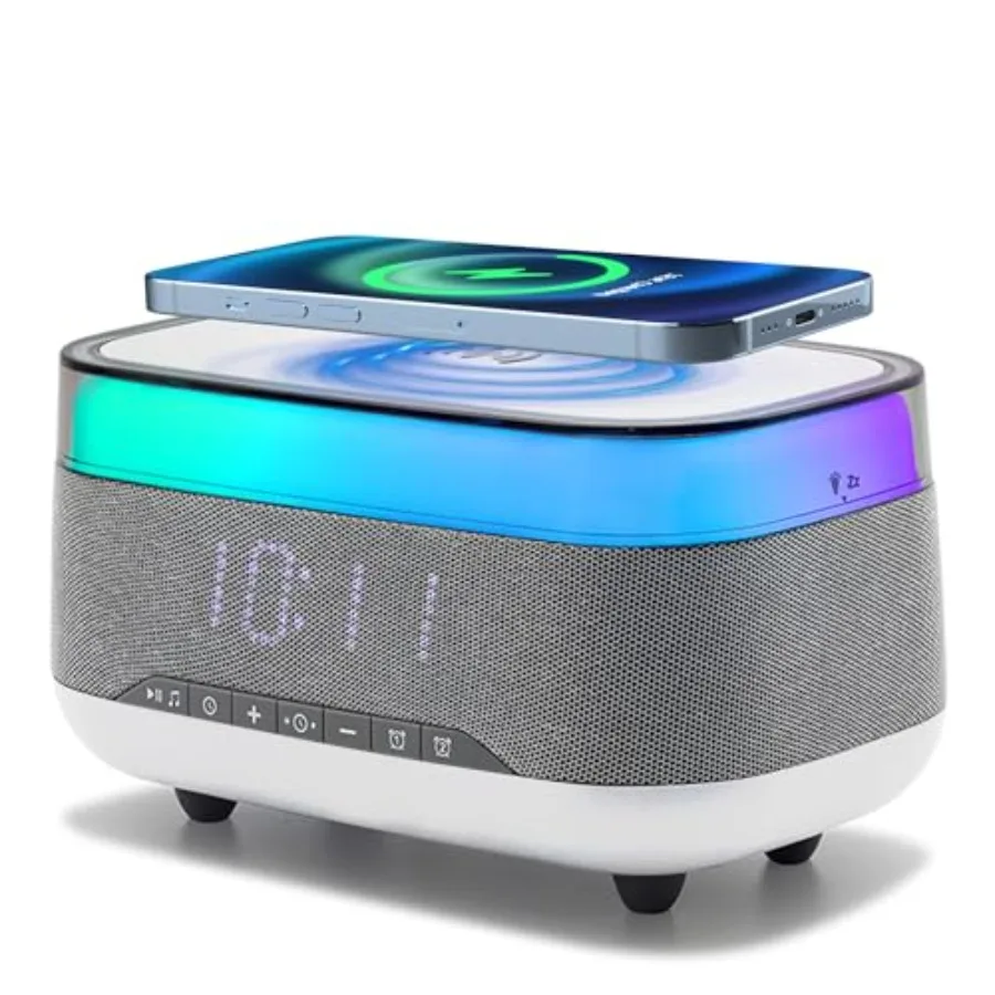 

Будильник с беспроводной зарядкой 15 Вт, Bluetooth-колонкой, диммируемым LED-дисплеем, двойным будильником, сенсорной прикроватной лампой для спальни и офиса