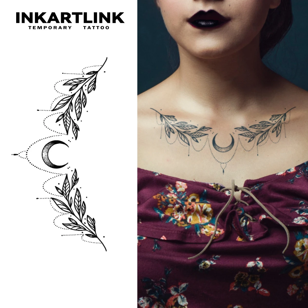 

INKARTLINK нашивка для татуировки в виде полумесяца и листа, 1-2 недели, долговечная минималистичная симметричная тотемная водостойкая временная татуировка
