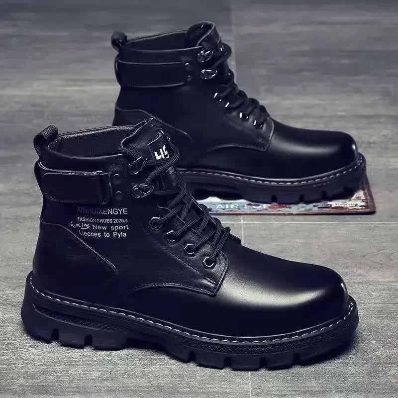 Botki męskie buty motocyklowe buty na platformie męskie Outdoor wysokie komfortowe buty robocze męskie buty wodoodporne Chaussures Pour Hommes