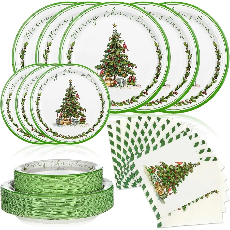 

150 Pcs Christmas Party Supplies Disposable Dinnerware Set with Christmas Tree Design Green and White Paper Plates and Napkins