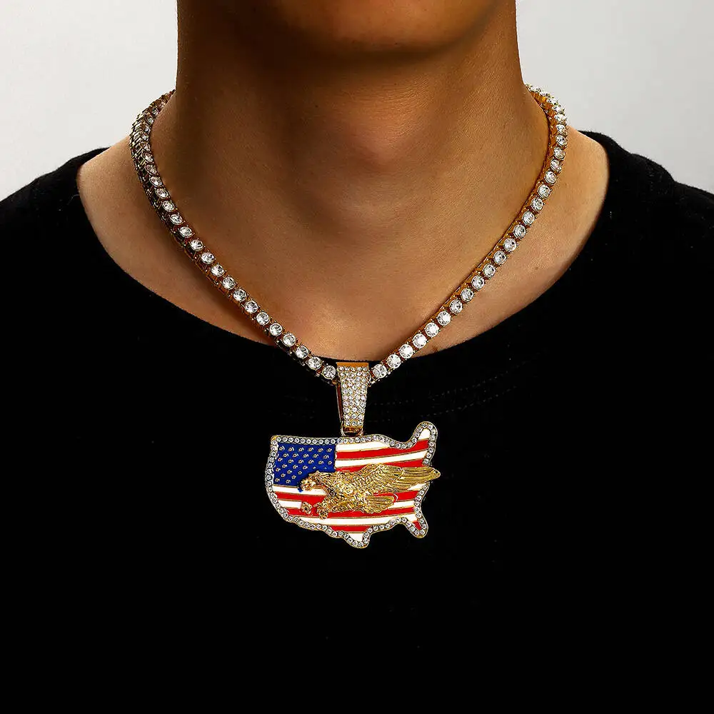Flag Oil Drip Full Diamond Alloy Pendant American Independence Day Hip Hop Men S Necklace Jewelry