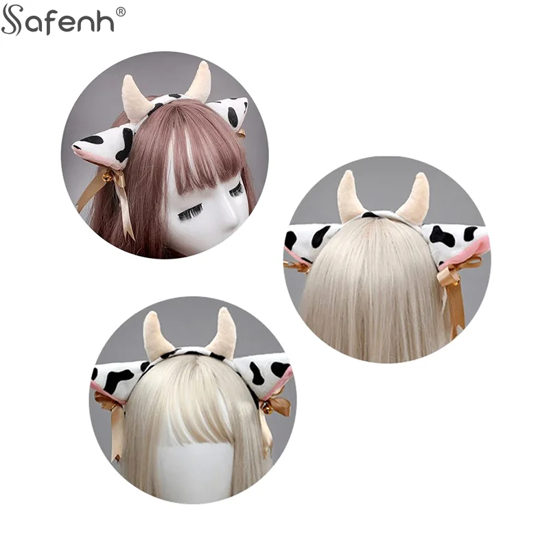 1 Set Animal Party Cosplay Costume Plush Cow Ears Horn Headband With Small Bells Ribbon Bow Anime Lolita Hair Hoop Girl Gifts
