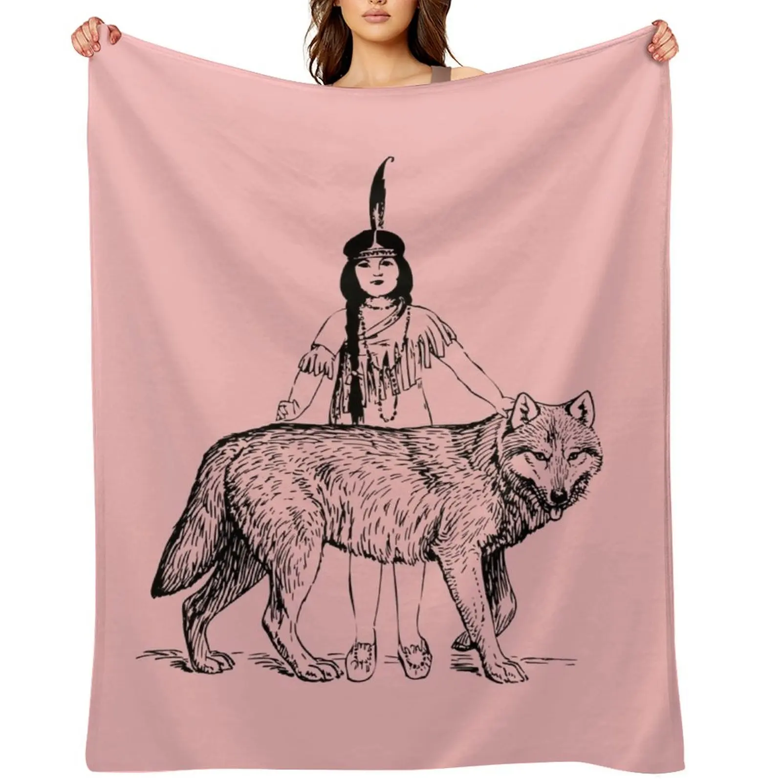 

native american girl with her wolf Throw Blanket Cute Plaid Bed linens Winter beds Giant Sofa Blankets