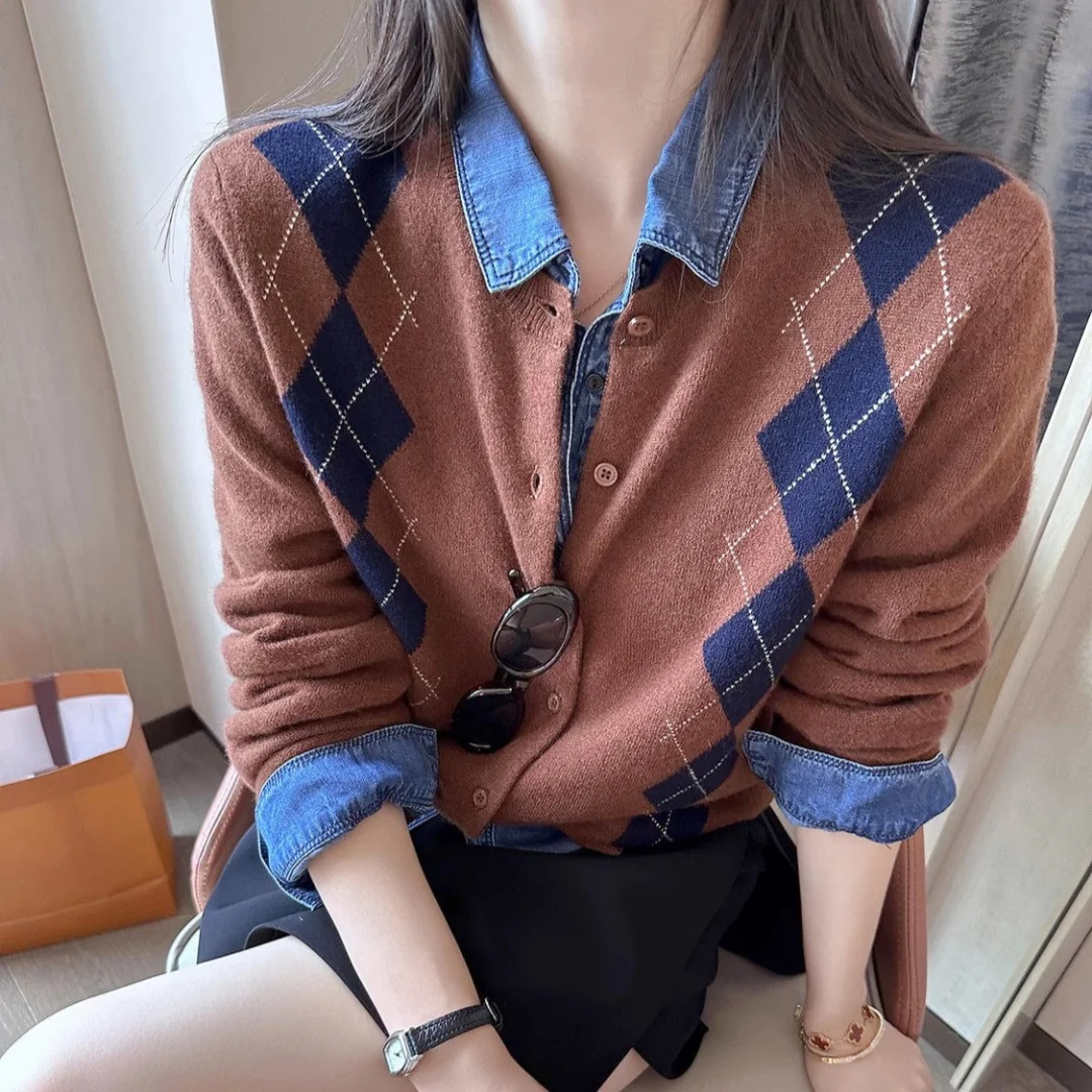 Soft Coffee Classic Argyle Slim Cardigan Coat College Women Preppy Style Winter Sweater Coat Single Breasted Jacket Korean Trend