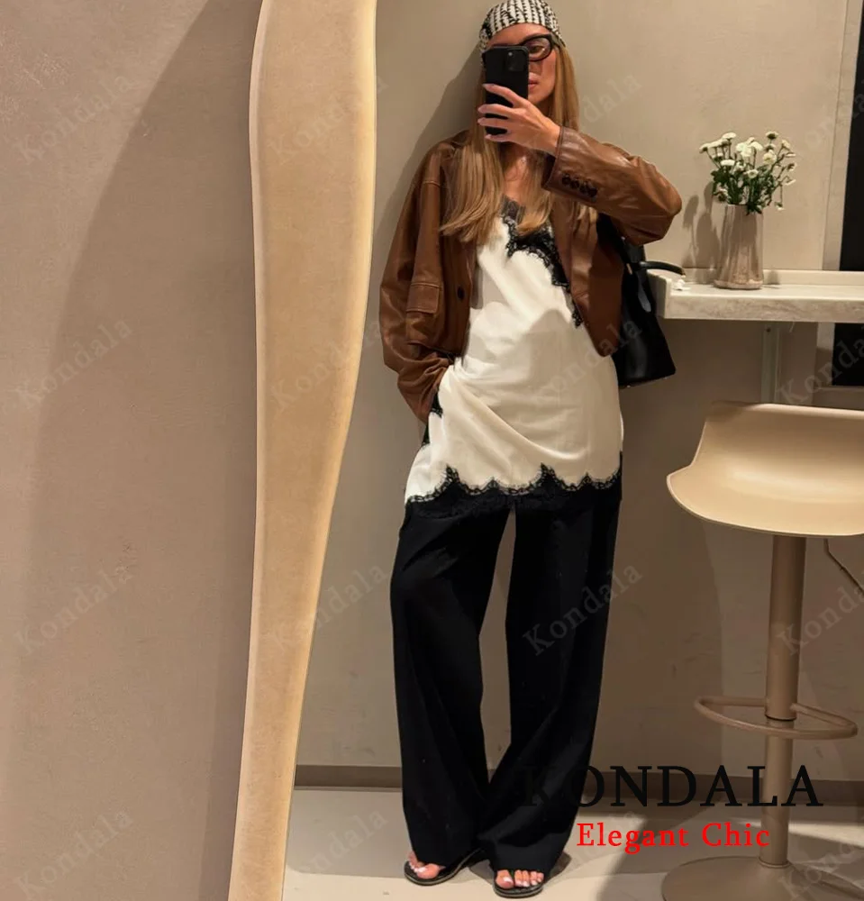 KONDALA Women Elegant Lace Y2K Dress Satin Asymmetrical Halter Mini Dress 2025 Fashion High Street Party Romantic Lady Dress