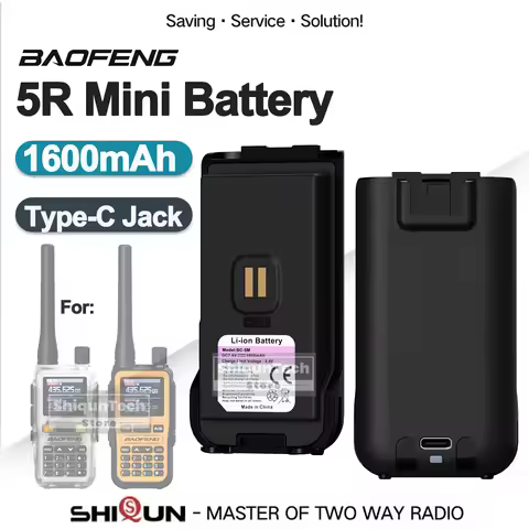 Original Baofeng UV-5R Mini Walkie Talkie Battery Replacement Li-ion Battery Type-C Charging 1600mAh Capacity Belt Clip Optional