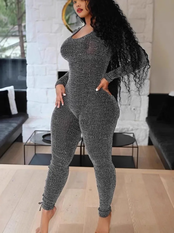 

Faionable Sexy Hollow out Long Sve Suit Autumn Casual Low Waist Long Pants Polyester Fiber Women's Jumpsuit