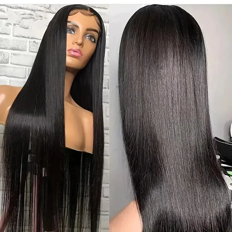 Perruque Lace Wig naturelle sans colle, cheveux lisses, noir naturel, 13x4 HD, 20 pouces, 180%, pre-plucked, pour femmes