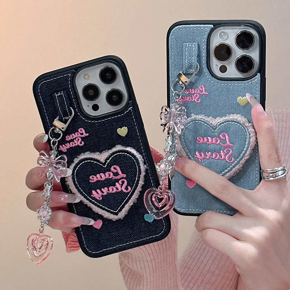 Ins Love Heart Jean Cloth Denim Case with Pendant For iPhone 15 12 13 14 Pro Max 11 Phone Case Keychain Bumper Soft Back Cover