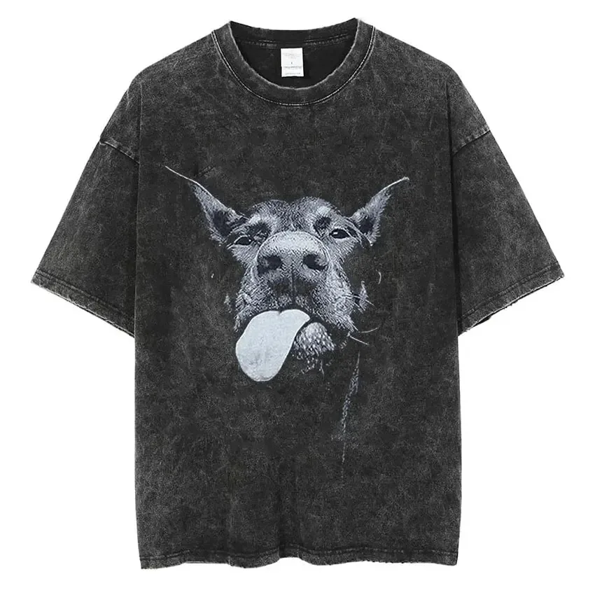 Men Women Washed Vintage Short Sleeve T Shirts Hip Hop Doberman Graphic T-shirt Men\'s Cotton Oversized Tee shirt Streetwear