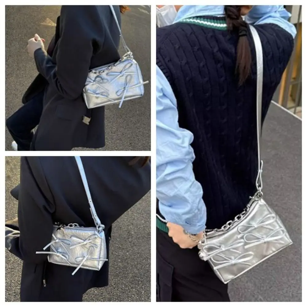 

Harajuku Style Silver Small Square Bag New Square Bag Silver Bow Decorated Handbags PU Y2K Underarm Bag