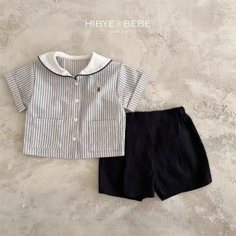 

2025 Korean Children's Clothing Sets Summer Boys Girls Sets Navy Collar Striped Shirt Cotton Short 2Pcs Set