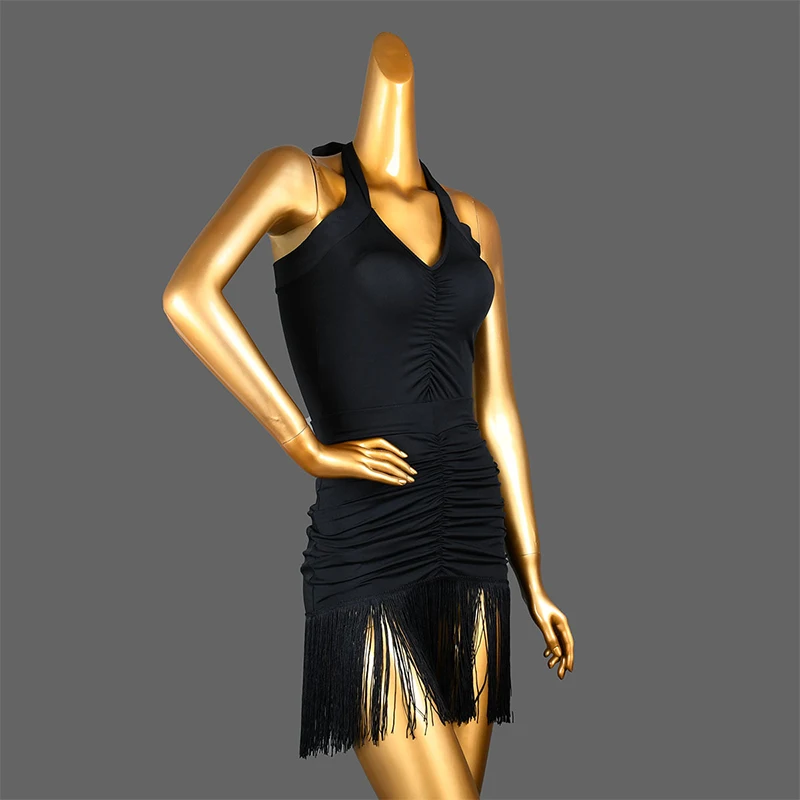 Women Black Latin Dance Skirt Tassel Wrap Ruched Ballroom Skirts Rumba Samba Tango Chacha Ruffles Skirts Belly Dance Costume