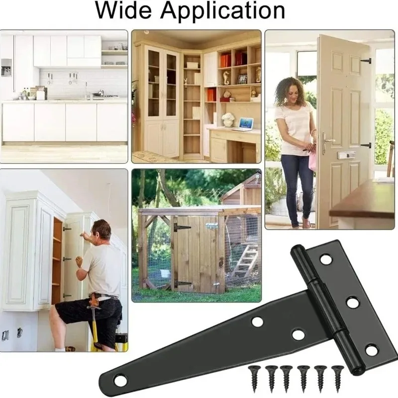 5/1Set Cerniere in ferro a forma di T Cerniere per cancelli per porte nere resistenti Cerniera per cinghia per stanza del fienile con viti Staffa per scheda hardware