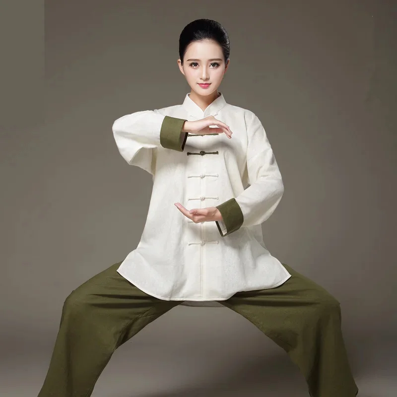 Women Linen Wushu Training Clothing Bi-color Taiji Suit Female Kung Fu Uniform Martial Arts Tai Chi Jiu Jitsu Long Sleeve Set