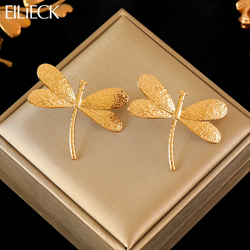 EILIECK 316L Stainless Steel Gold Color Dragonfly Stud Earrings For Women Fashion Waterproof Jewelry Holiday Gift Bijoux Серьги