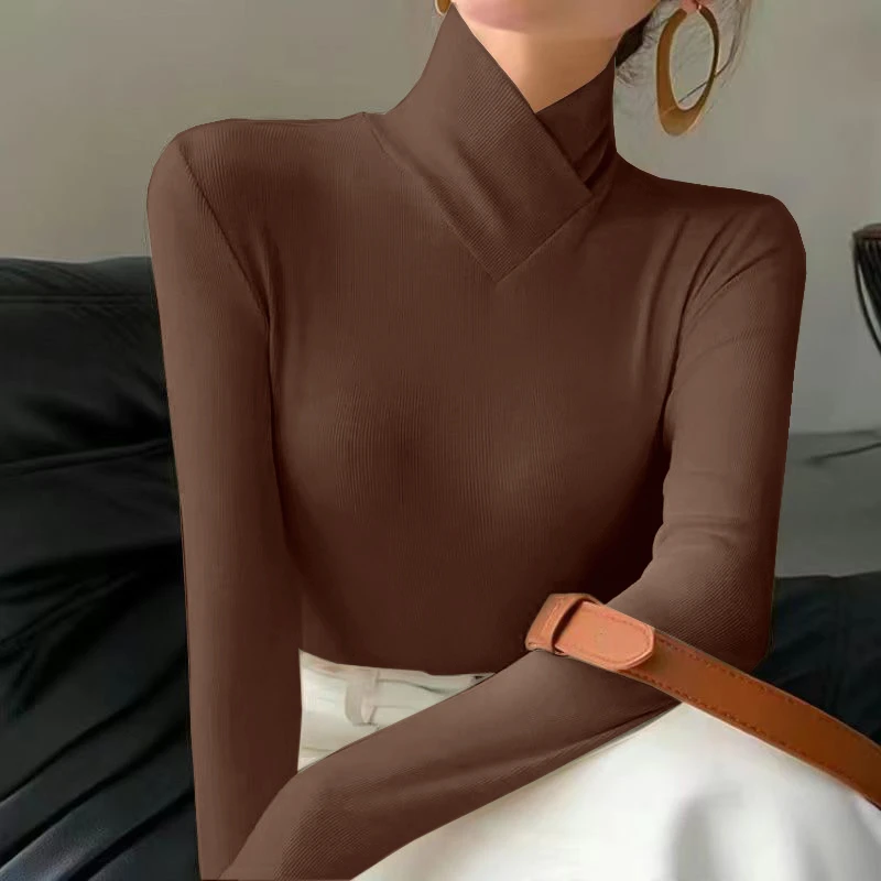 

Женская футболка V-Ne Long Sve Slim Fit с высоким воротником Base irt, корейский топ, полиэфирная ткань, чистый цвет, для поездок на работу...