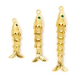 New Brass Fish Charm Pendants Ocean Jewelry Pendants Pave Green Zircon Movable Charms Pendants For Necklace Jewelry Making 1pc