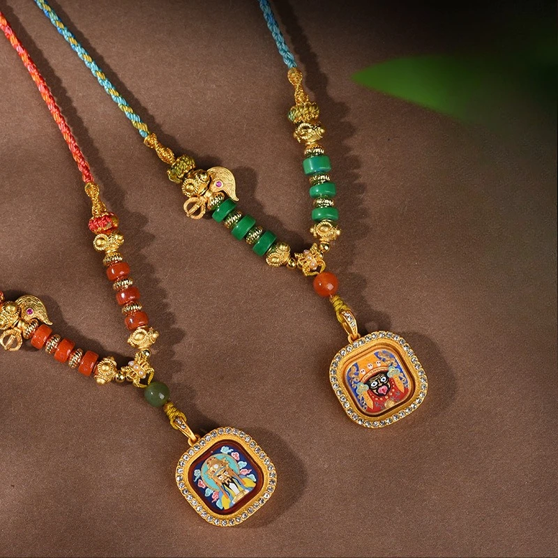 Fashionable Hand Drawn Three-dimensional Thangka Necklace Retro Square Brass Wiping Gawu Box Pendants Religious Amulet