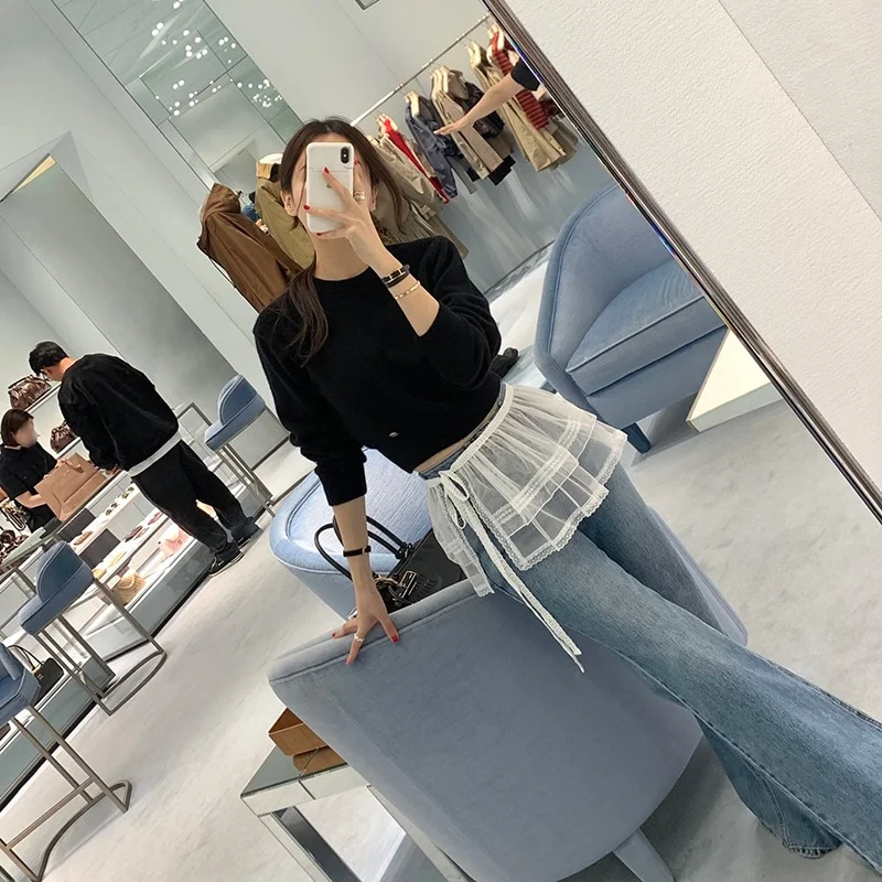 Minifalda con lazo lateral y ribete de encaje de cintura alta versátil de estilo coreano - Corte en A con dobladillo en capas