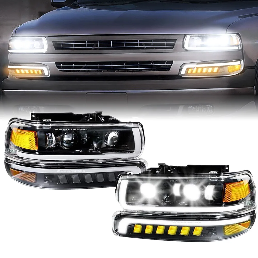 

Car LED Headlights With Bumper Lamps For Chevrolet Silverado 1500 2500 1999 2000 2001 2002 Chevy Tahoe Upgrade Led Front Lights