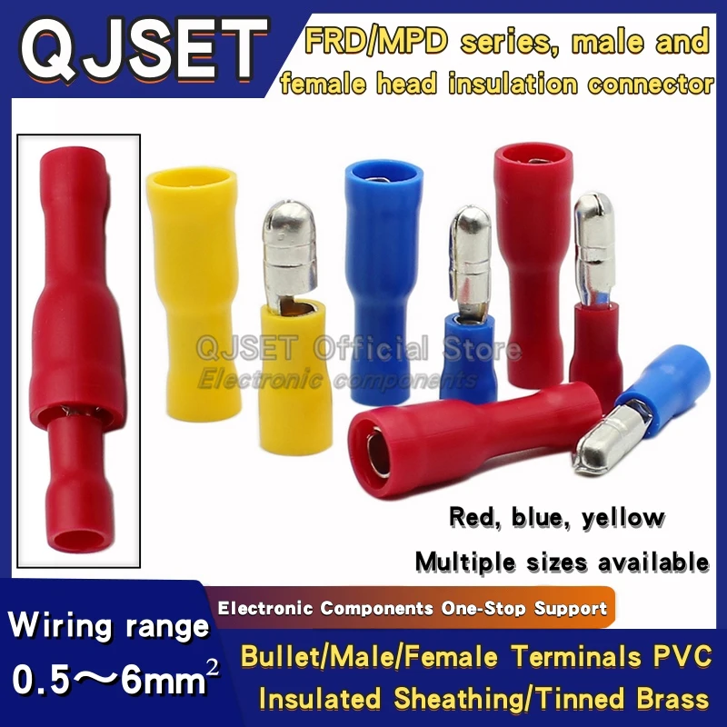 100pcs Male-Female Docking FRD/MPD1.25-156 Wire Connector Cold Crimp Terminal Docking Tip Bullet Set/Audio Cable Crimp Connector