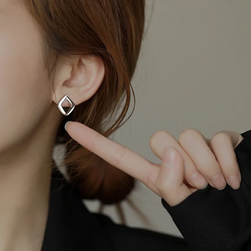 Trendy Sterling Silver Color Polished Hollowed-out Rhombus Gold Stud Earrings for Women Girls Geometry Jewelry Accessories Gifts