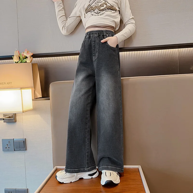 2024 New High Quality Girls Jeans Vintage Denim Wide Leg Pants Kids Clothing Children Casual Solid Trousers For Teenager Clothes