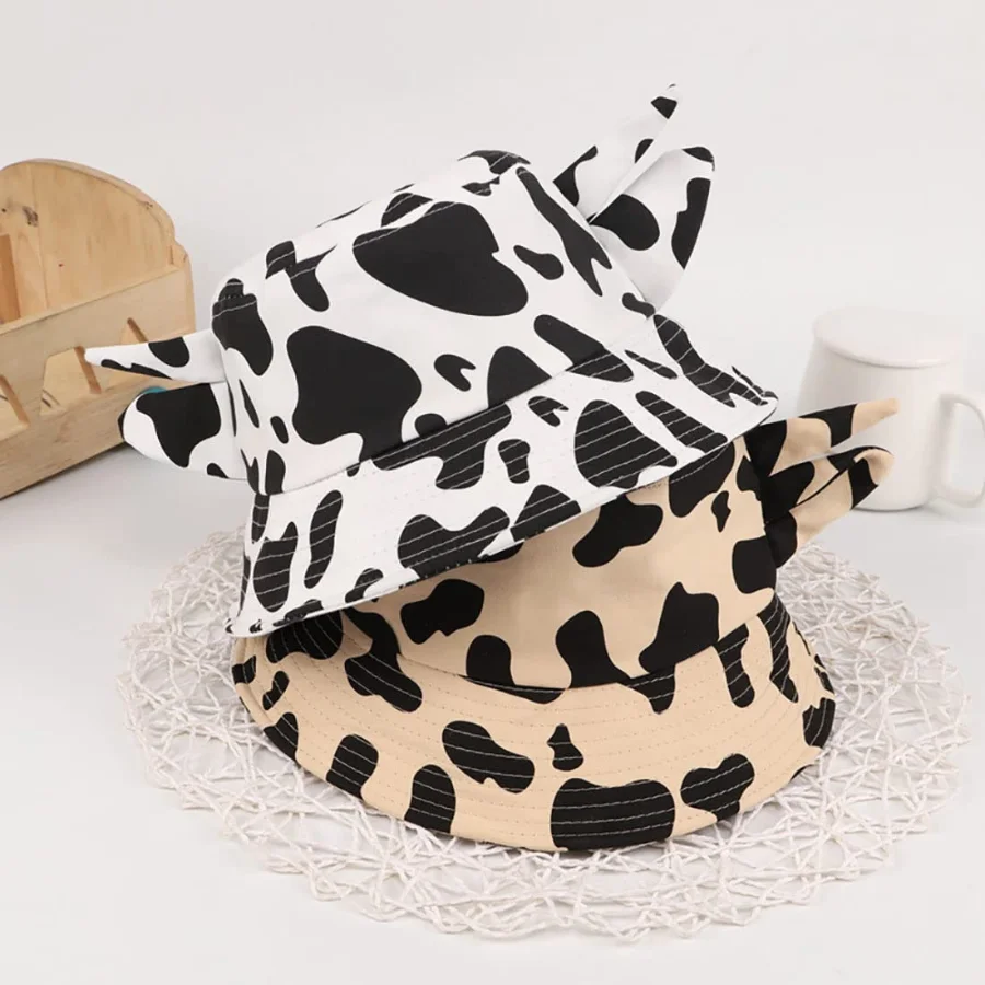 Unisex Cow Print Fisherman Hat Cute Horn Ears Foldable UV Protection Bucket Hat For Men Women Girl Summer Sport Hiking Beach Hat