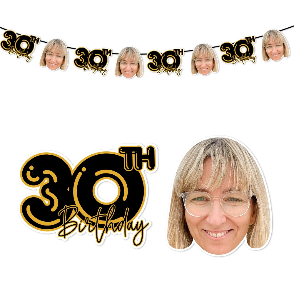 Custom Any Age Birthday Photo Banner Personalized Black Photo Bunting Banner for 30th Birthday Party Favors Birthday Banner