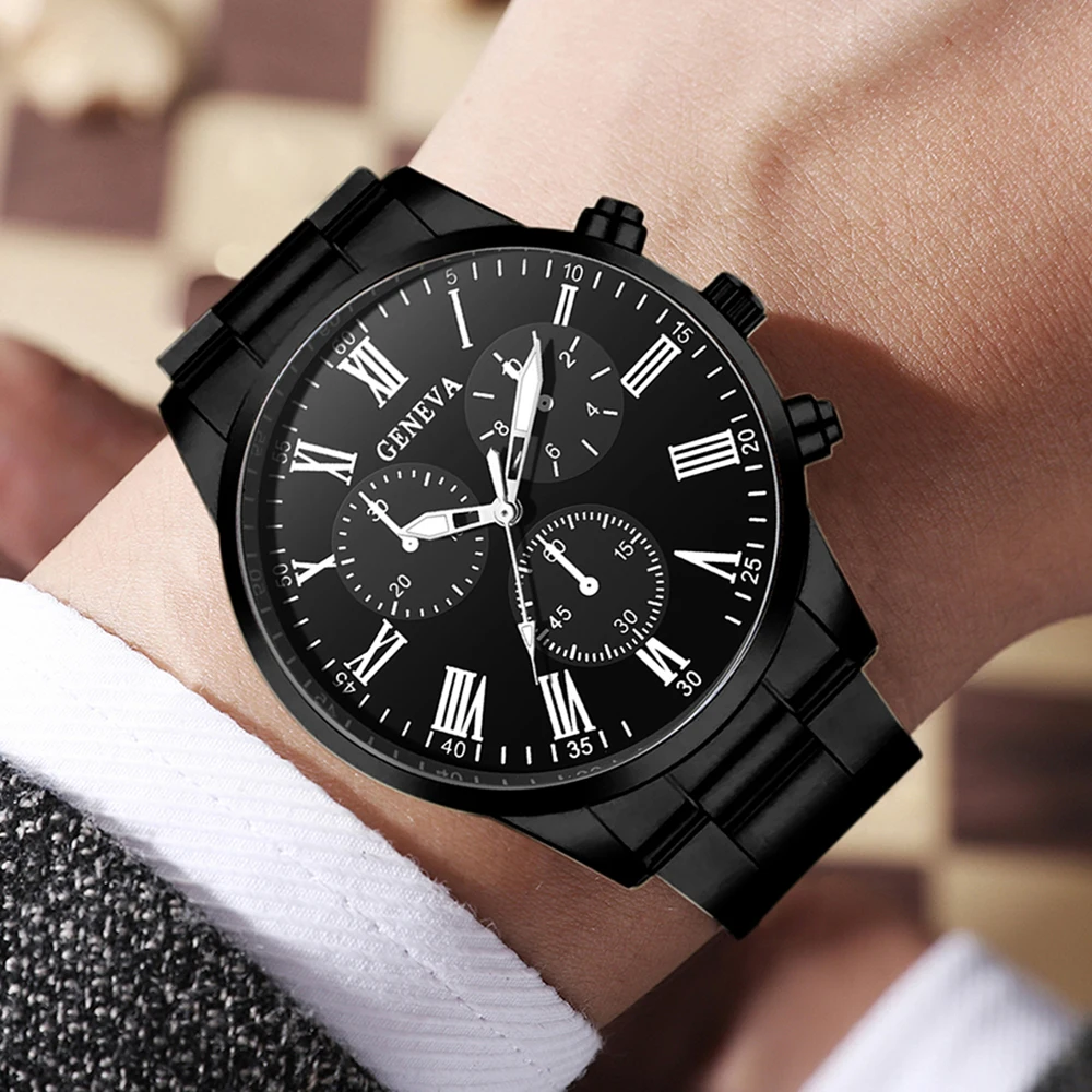 Dual Color Alloy Band Men Watch Set Geneva Roman Dial Chronograph Clock Metal Bracelet Male Daily Wristwatch Kit