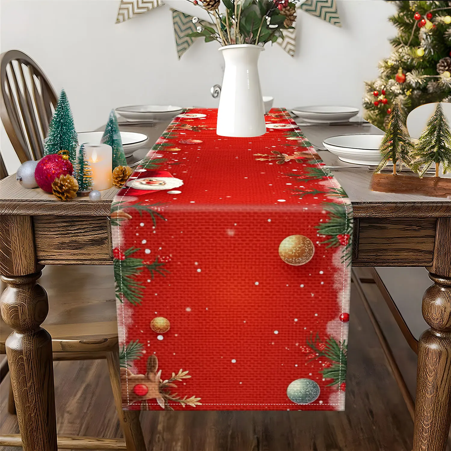 1Pc Christmas Themed Table Runner with Santa Claus,Poinsettia,Snowflake Patterns,Adapt to Christmas Party,Festive Home Decor Scene