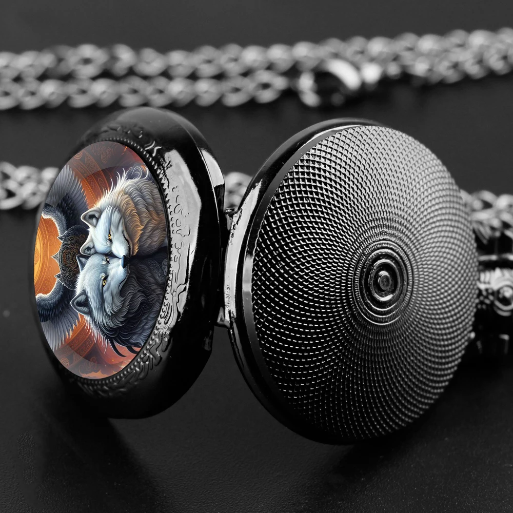 Classic Double Wolf Glass Dome Black Quartz Pocket Watch with Arabic Numerals Dial and Durable Chain Retro Gift for Men Women