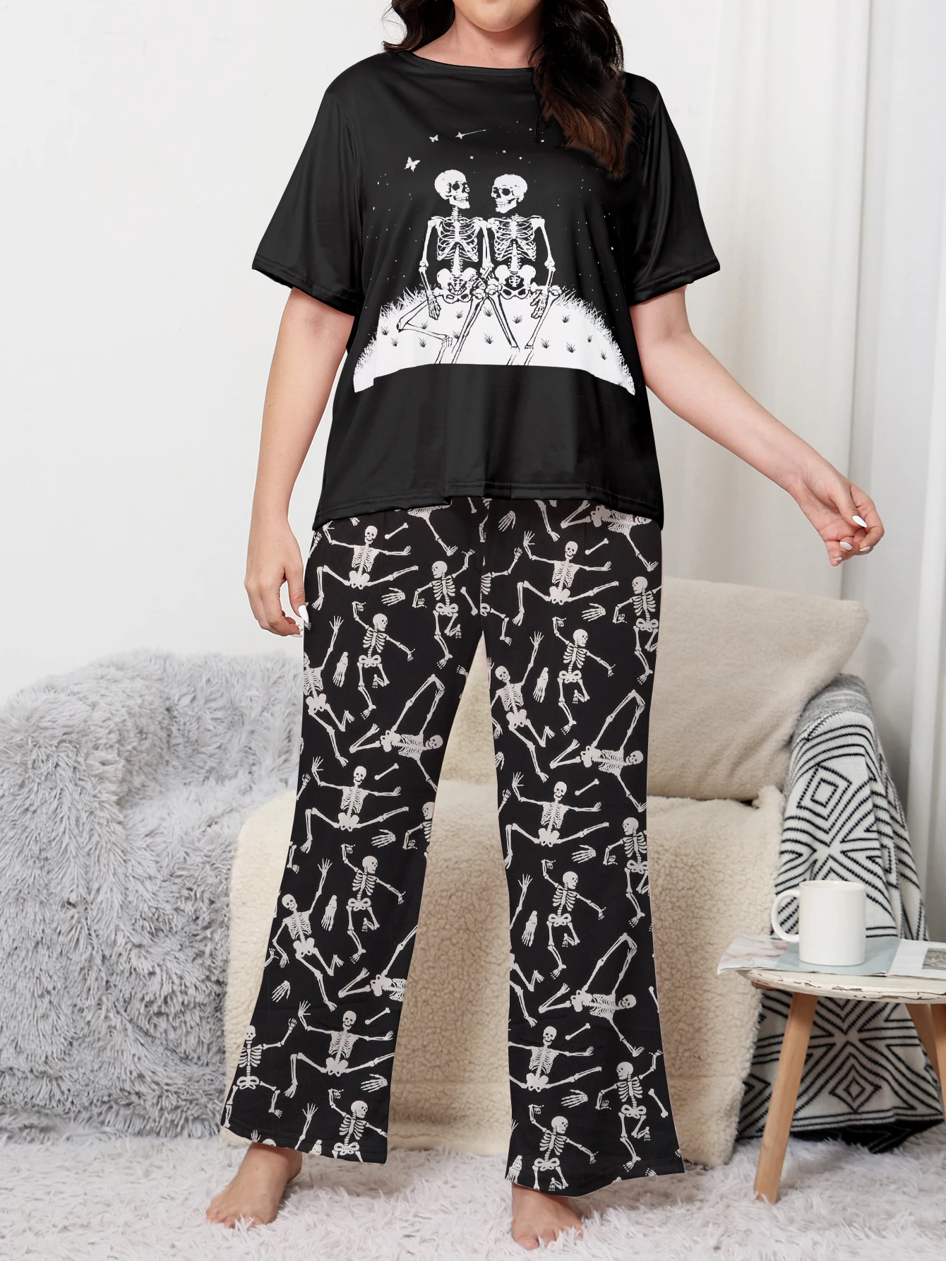 Large Women\'s Pajama Set Halloween Skull Print Short Sleeve T-shirt&Pants Home Clothes 2-piece Set