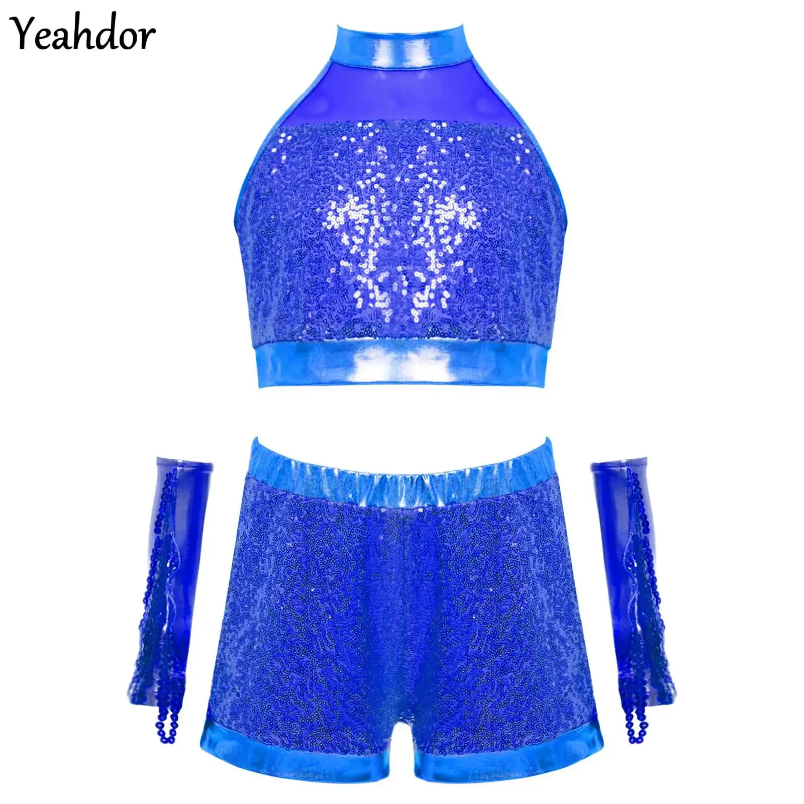

Girls Latin Jazz Dance Outfit Sleeveless Shiny Sequin Tank Crop Top+Shorts+Tassels Gloves Set Hip Hop Rumba Cheerleader Costume