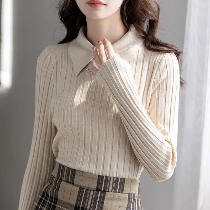 Women Korean Fashion Elegant Polo Collar Ribbed Knitted Sweater Autumn Winter Solid Long Sleeve Slim Pullover Tops Basic Jumper