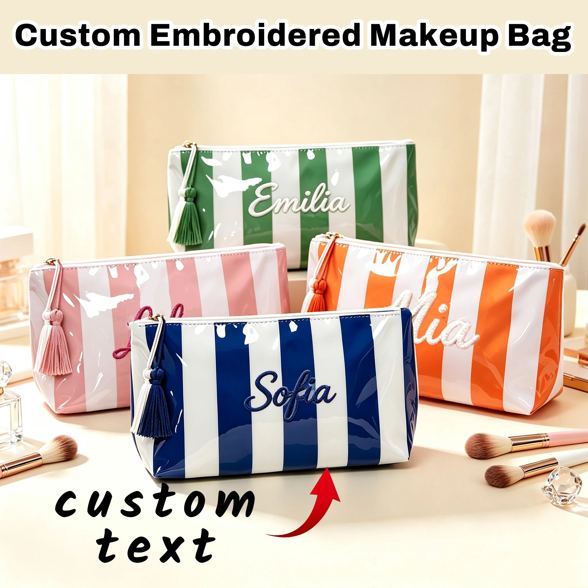 Custom Letter Embroidered Waterproof Striped Makeup Bag, large capacity, fine embroidery workmanship available in multiple color
