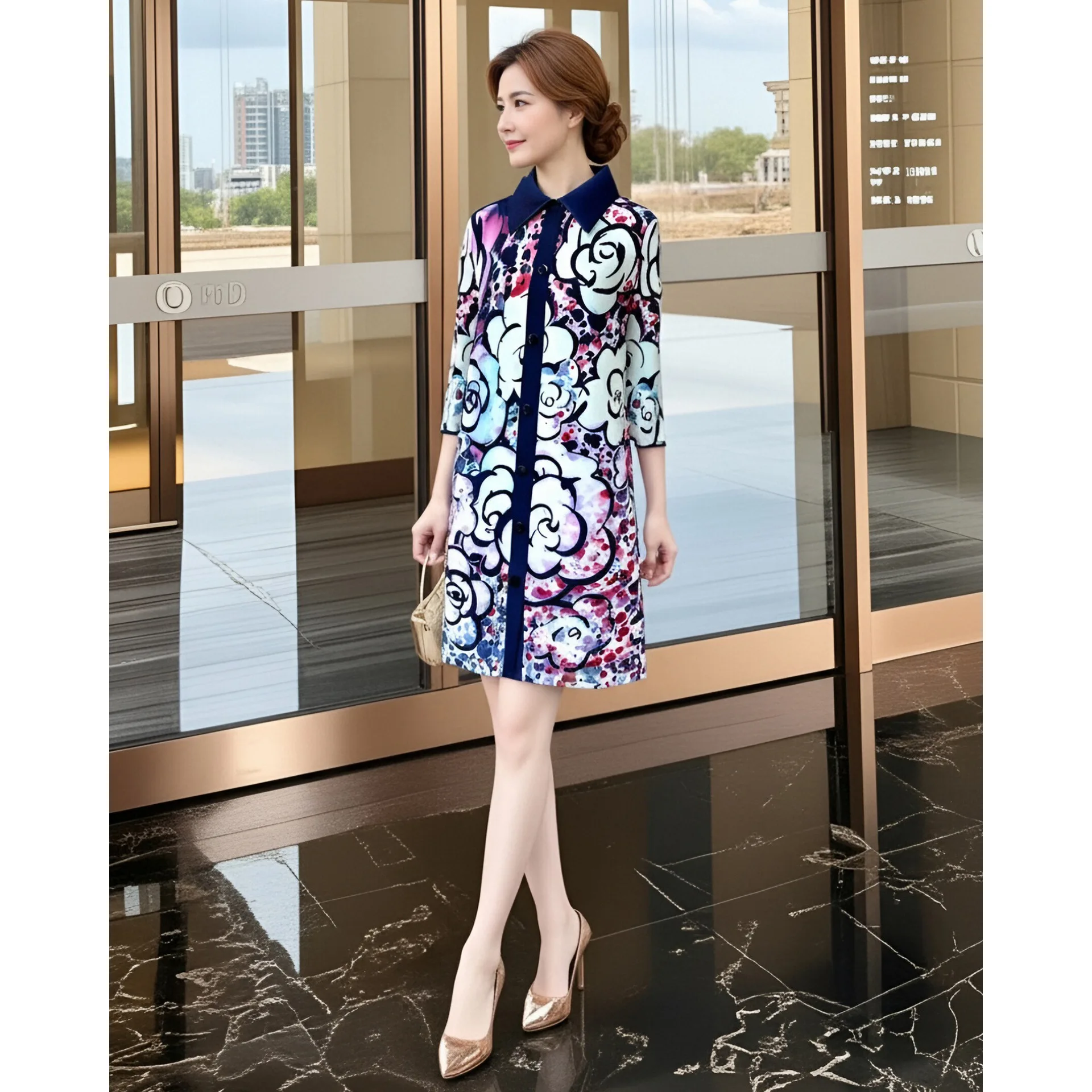 Miyake Geometry Color Block Print Pleated Dress Women Lapel Single Breasted Loose A-line Mid Length Dresses 2025 Spring New