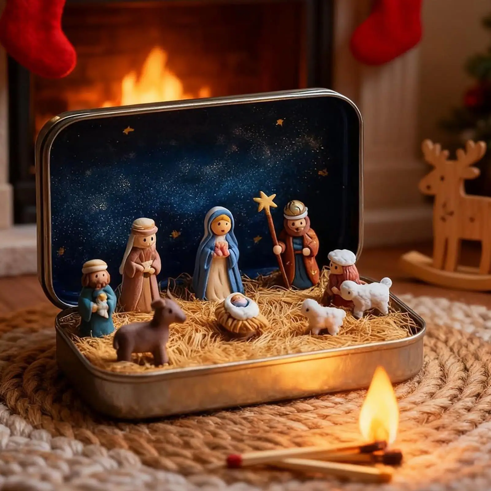 Tin Box Nativity Set Portable Mini 3D Decorative Holy Ornament Christmas Jesus Figurines In Tin Box For Desk Shelf Office