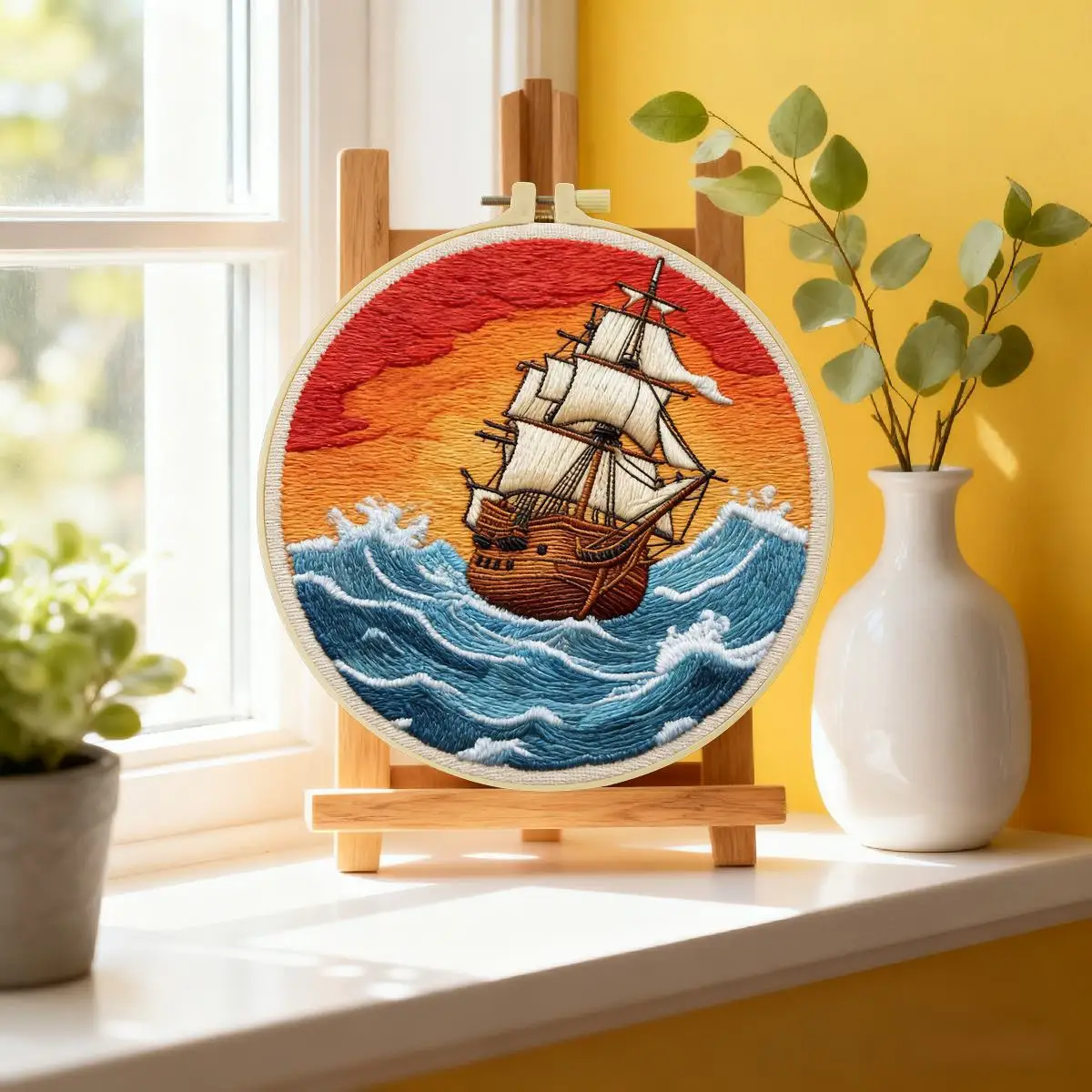 1 Stück 20X20CM/15X15CM 7,87/6,3 Zoll Segelboot-Stickerei-Starter-Kit DIY-Kit DIY-Stickerei-Set für Anfänger – Detail 2