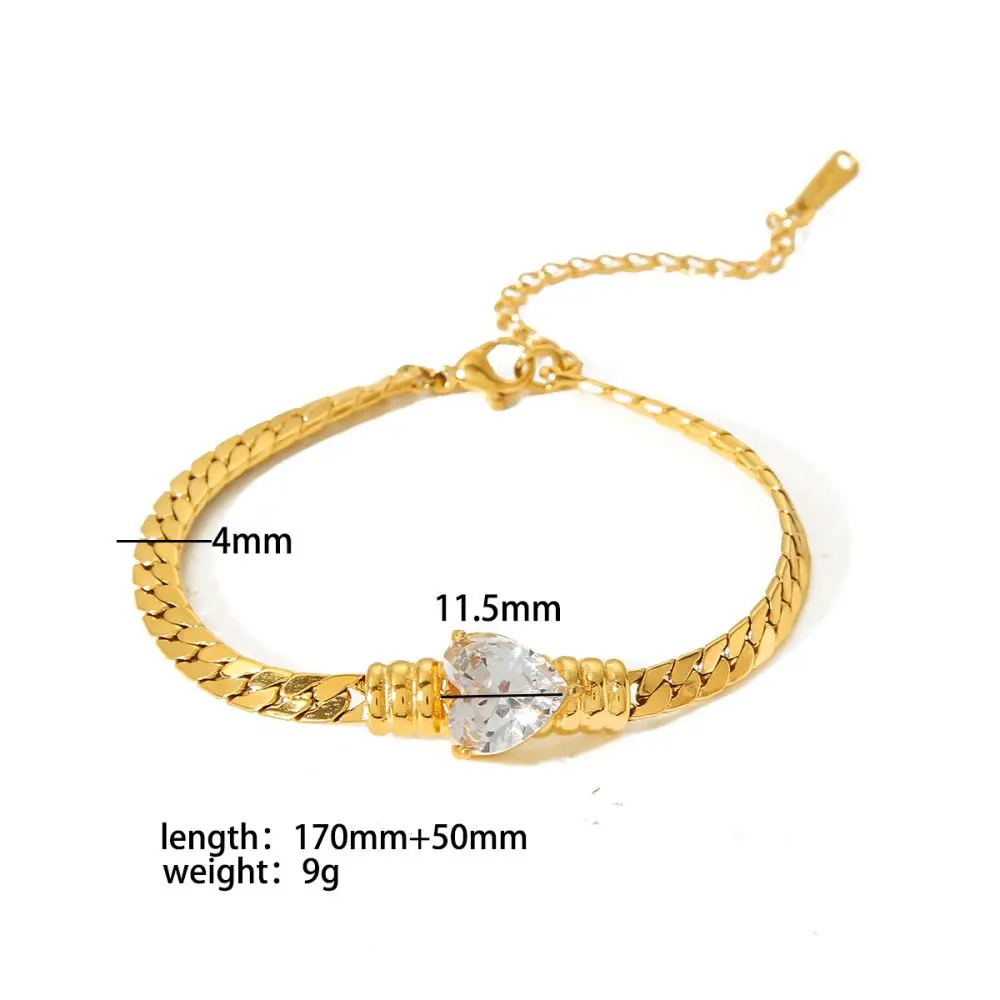 Zierliches Armband aus Edelstahl mit flacher Schlangenkette, Herzanhänger und glänzendem Zirkon, 18K vergoldet, Schmuckaccessoires, Damengeschenke – Detail 4