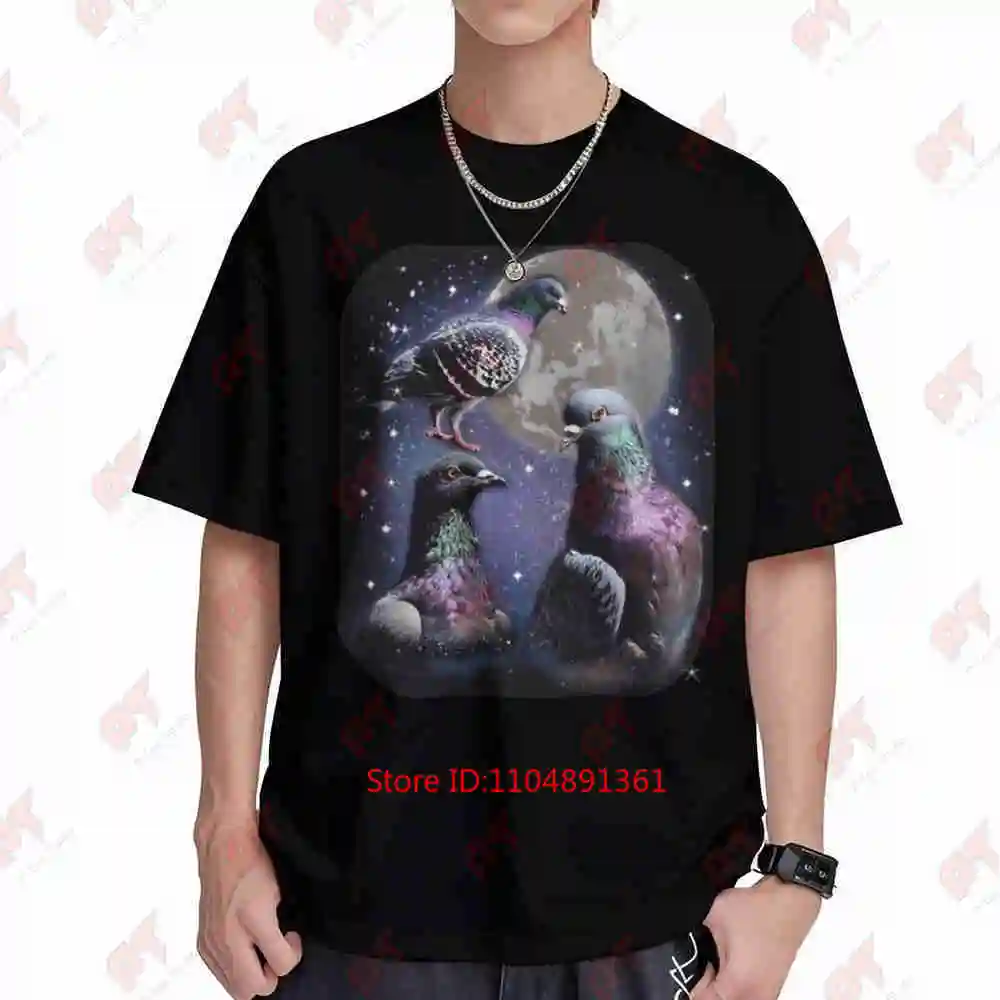 Three Pigeons Retro Howling At The Moon Short Sleeve Tee 100% Cotton T-Shirt