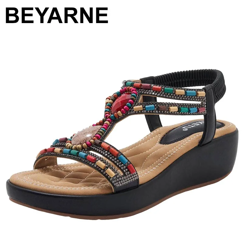 

Women's Sandals Summer Casual String Bead Bling Diamond PU Soft Non-Slip Comfort Light Beach Slippers Wedge Platform Shoes