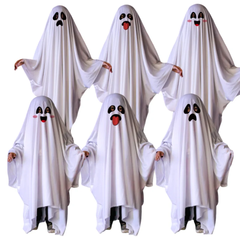 Gruseliger weißer Geister-Halloween-Umhang mit lächelnden, weinenden und herausgestreckten Zungen-Expressions, Unisex-Kostüm für Erwachsene, gruseliges Geister-Cosplay-Outfit