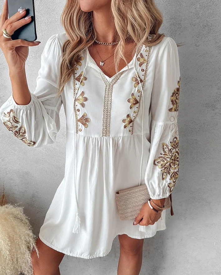 Elegant Style 2024 Women Dresses Summer Round Neck Long Sleeve Floral Embroidery Tied Detail Design Casual Vacation Daily Dress