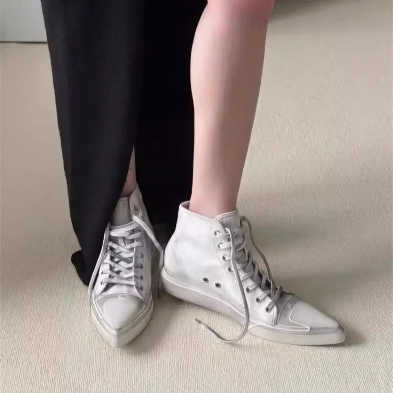 

Women's High-top Canvas Shoes Old Dirty White Shoe Pointed Toe Lace-up Athleisure Board Shoes for Woman Fashionable Womens Shoes