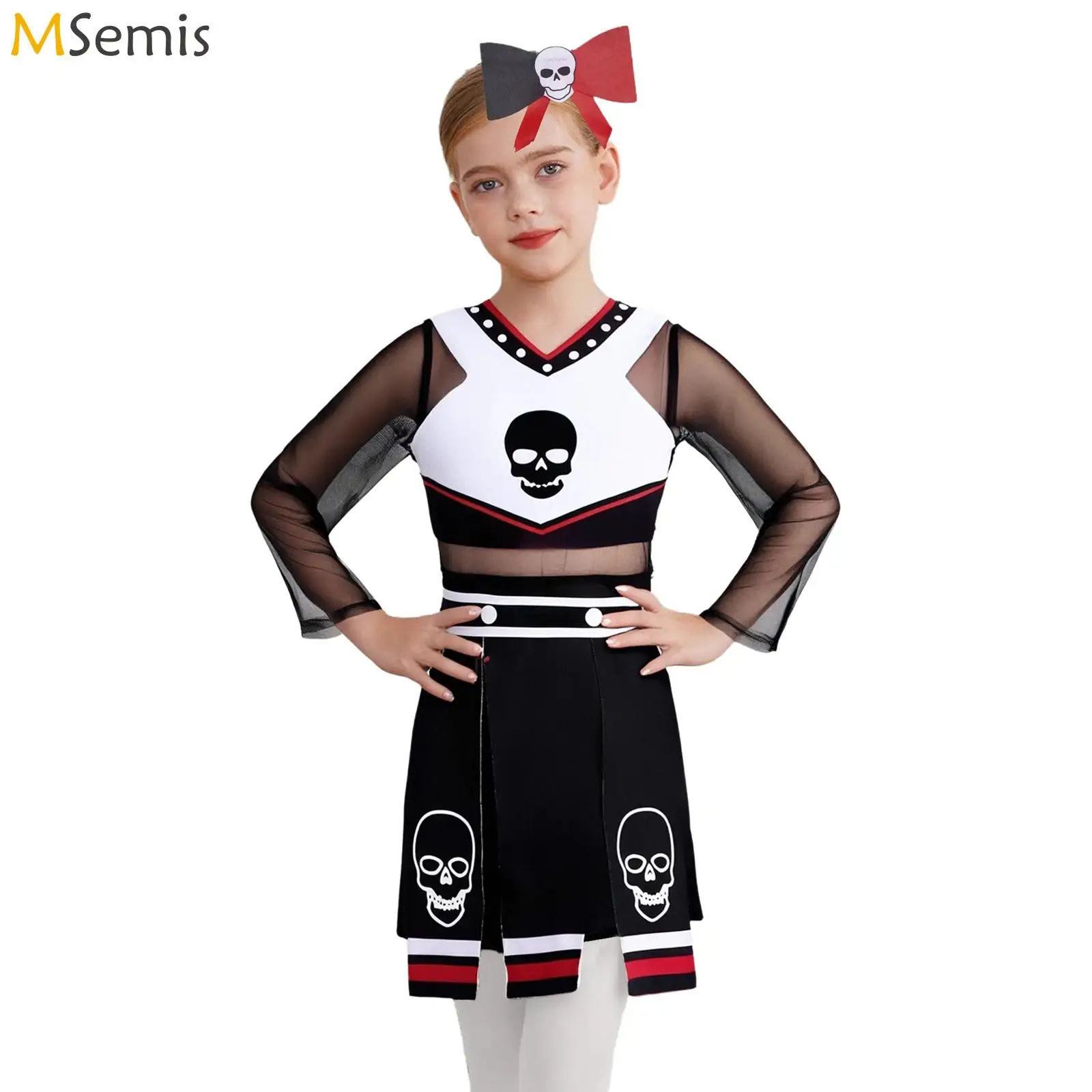 

Kids Girls Bad Spirit Cheerleading Cheerleader Costume Skull Print V-Neck Top Sheer Mesh Dress Slit Skirt with Matched Headwear
